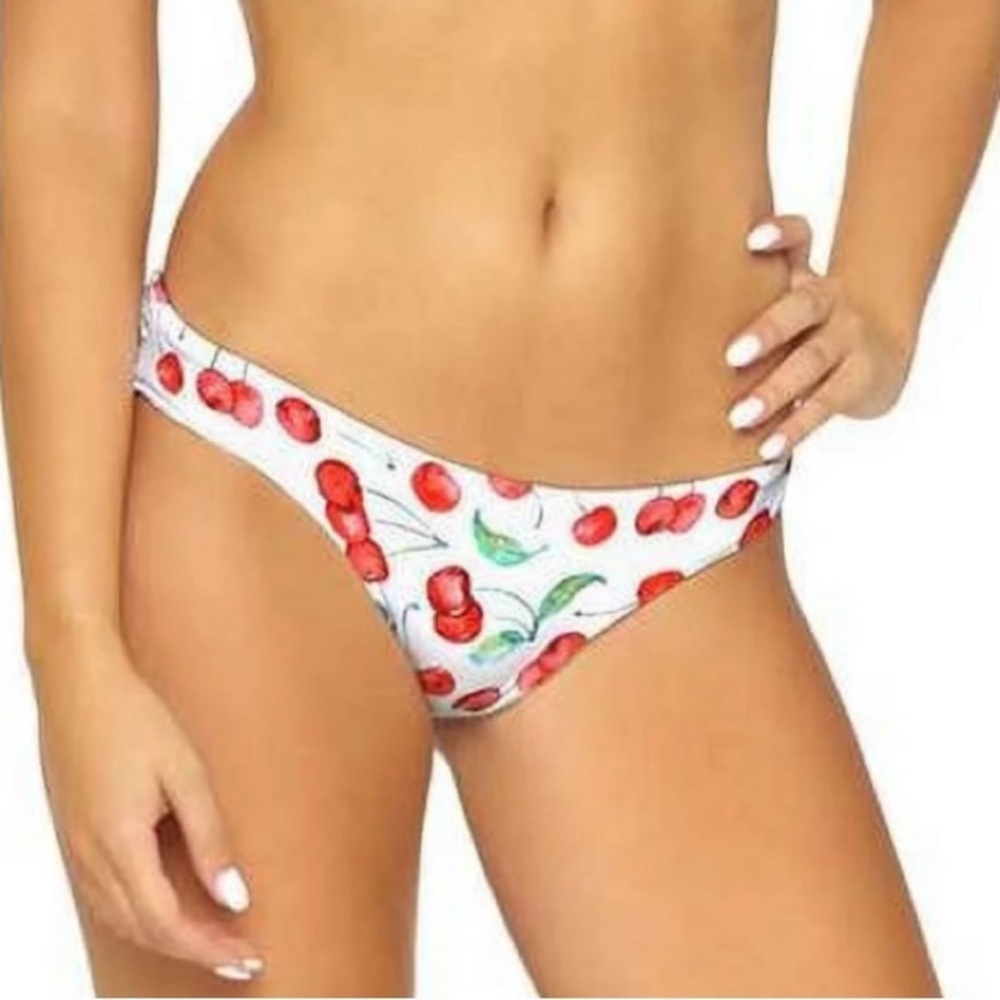 Pilyq Cherries Basic Ruched Full Bikini Bottoms | NWT